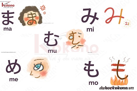 Bảng chữ cái tiếng Nhật Hiragana - ま(ma) - み(mi) - む(mu) - め(me) - も(mo)